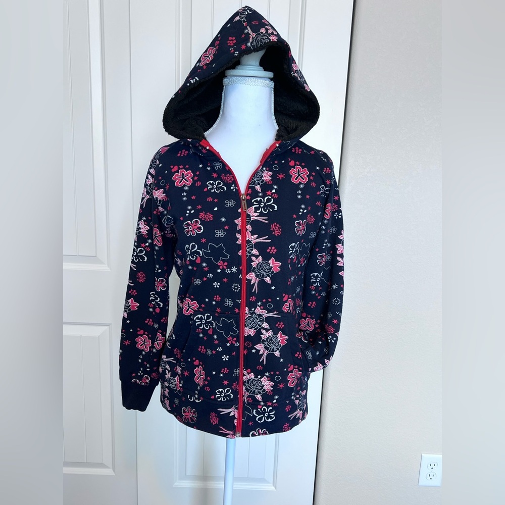 Y2K Floral Fleece Hooded Jacket Faux Fur Lined Inside Hood Sz XS /S